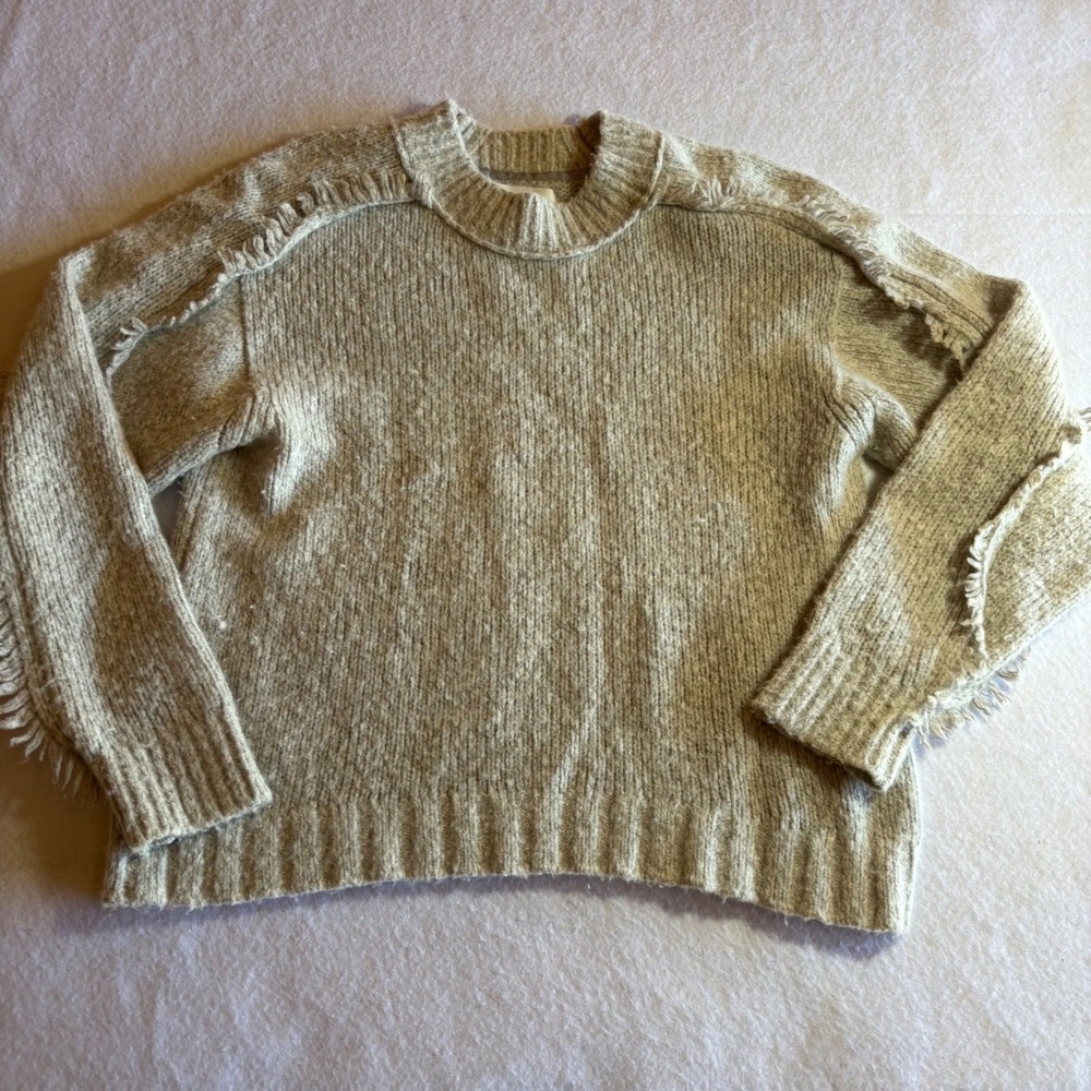 Brochu Walker XS Sweater‎ Beige Merino Wool Cashmere Fringe Detail Knitwear